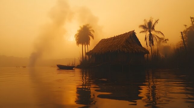 Time lapse showing traditional village life under threat as smoke rises from distant industrial activity reflecting climate change impact on rural communities, elegantly showcasing environmental.