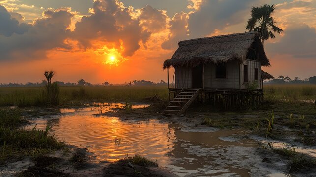 Rural village home on stilts at sunset surrounded by flooded fields reflecting golden sky. Traditional architecture under climate change threat. Documentary style imagery for environmental awareness.