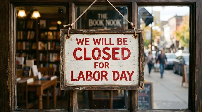 A hanging sign in a bookstore window announcing that the shop is closed for the labor day holiday