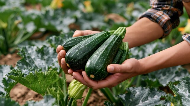 Farmer hands holding fresh organic zucchini harvest
