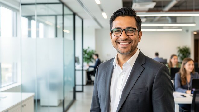 smiling diverse businessman in modern office showing professionalism and approachability for corporate marketing copy space