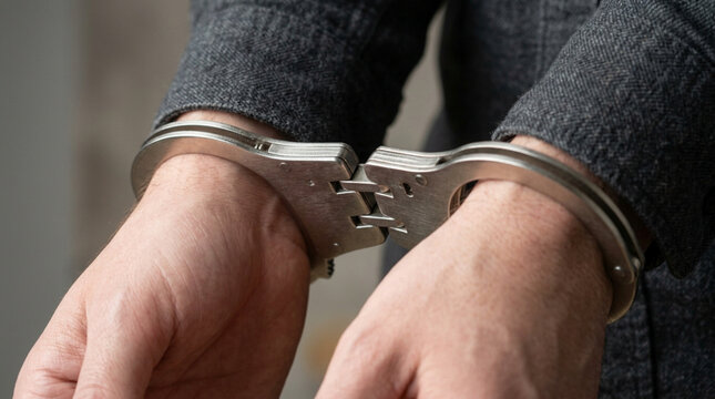 Man's Hands Cuffed Together, Symbolizing Arrest, Crime, Justice, Freedom Lost
