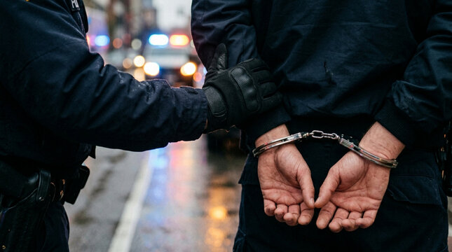 Police officer arresting suspect in handcuffs on wet street with lights