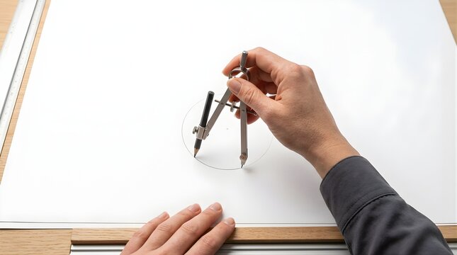 Architect hand drawing a circle using a compass on white drafting paper