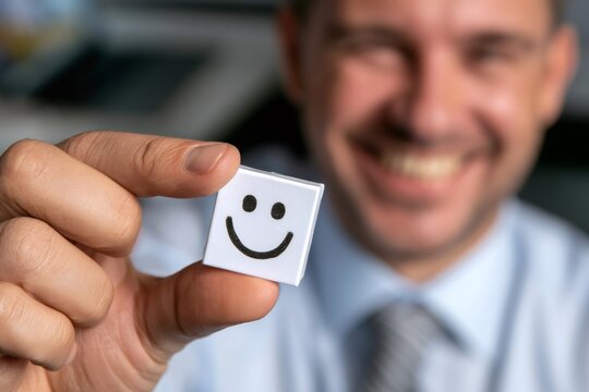 Businessman holding happy feedback icon smiling at camera
