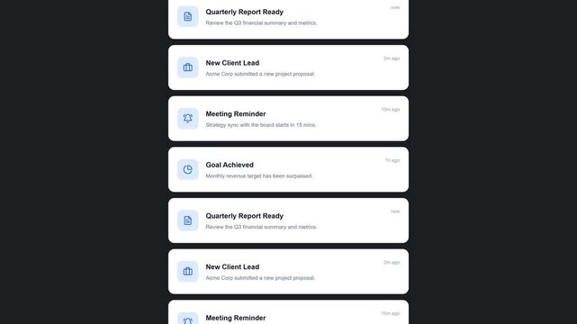 Business app notification banners scrolling vertically on dark background with goal achieved and report alerts for CRM.