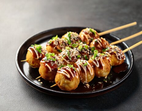 delicious takoyaki balls on skewers with toppings