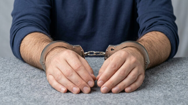 Man's hands in handcuffs, close-up, concept of arrest or crime