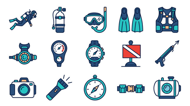 Flat Vector Icon Set of Scuba Diving Equipment Including Diver Mask Oxygen Tank Fins and Dive Gear
