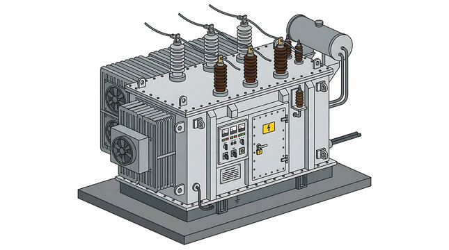 Industrial Electrical Power Transformer Unit With Insulators And Bushings On Concrete Pad