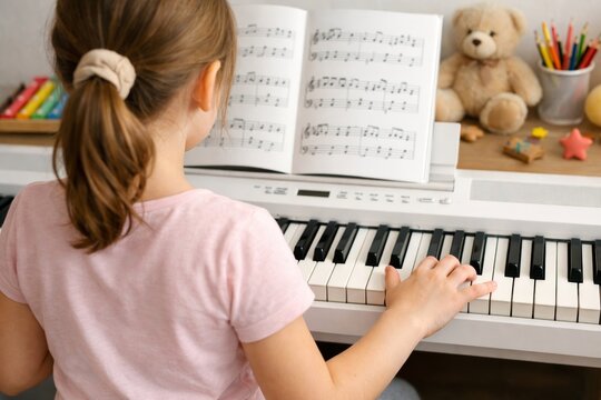 Child playing piano with sheet music and toys for practice lesson and music education background for learning and home practice