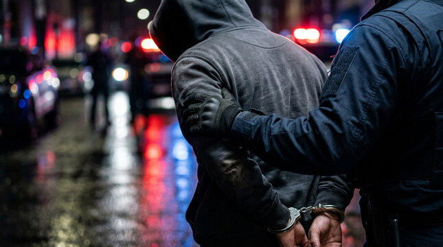 Nighttime arrest: hooded figure cuffed by police, flashing lights, wet street.