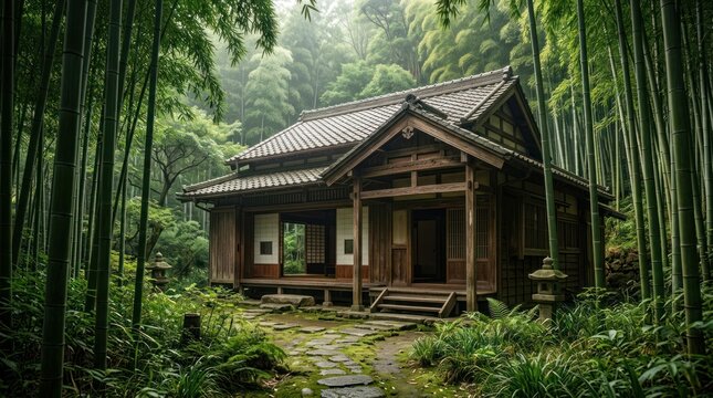 Tranquil Japanese House Nestled in a Lush Bamboo Forest.