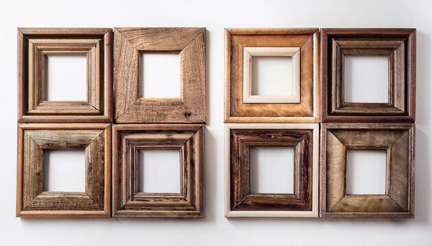 rustic wooden picture frames arranged on white background design mockup