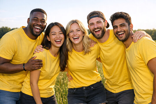 A joyful group of friends wearing yellow tops, smiling and laughing together. They appear to be enjoying their time outside in good weather.