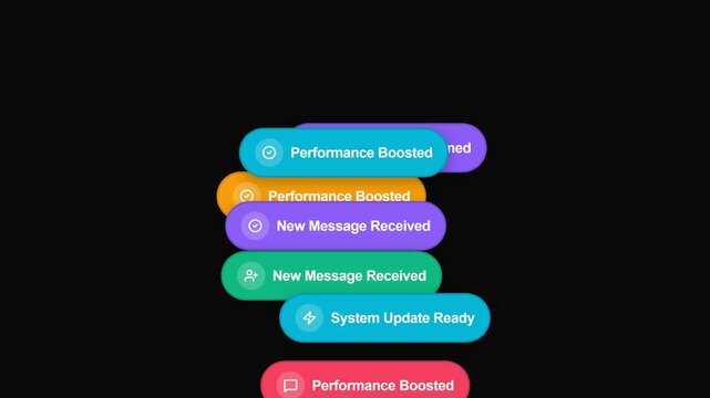 Notification bubbles stacking vertically with colorful icons and mobile app status alerts on black background
