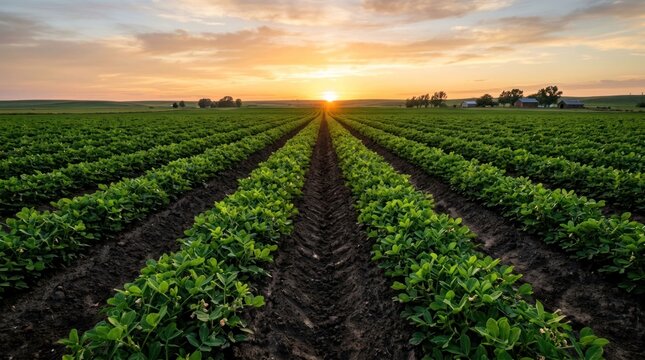 Vast Soybean Field at Sunset with Rows Stretching to the Horizon.