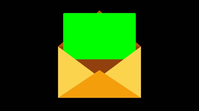 Yellow envelope opening to show green screen card for message or letter on black background animation.