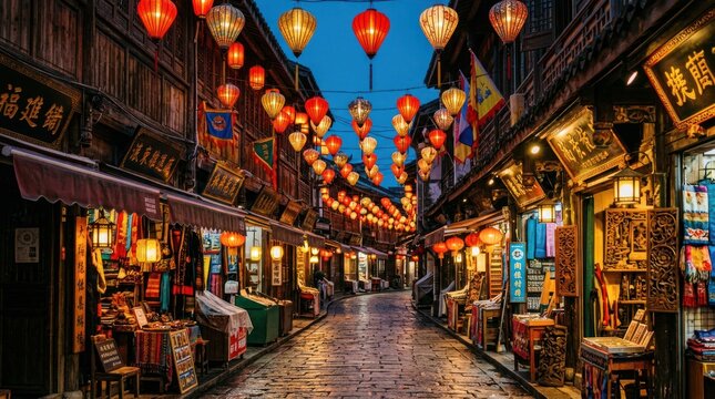 Vibrant Asian Night Market Illuminated by Traditional Lanterns.