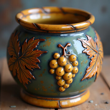 Vintage ceramic planter with raised yellow grape cluster motif elegant glazed pottery bowl with autumn leaves on rustic wooden table