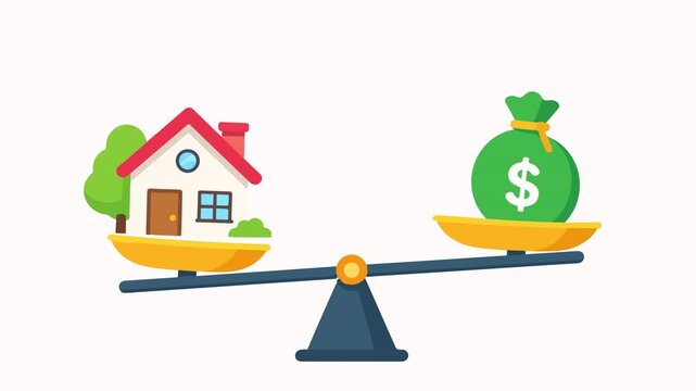 Real estate house and money bag balancing on scale loop animation video asset for property investment, home mortgage and financial planning commercial presentations. Property buying budget balance.