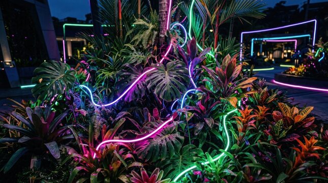 Vibrant Neon Lights Adorn Lush Tropical Plants at Night.