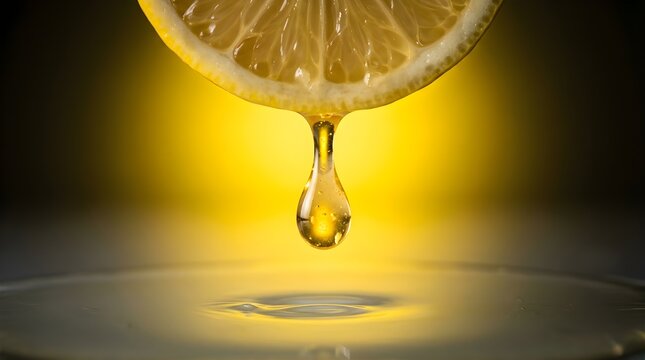 Fresh lemon slice with falling juice drop creating ripples in water