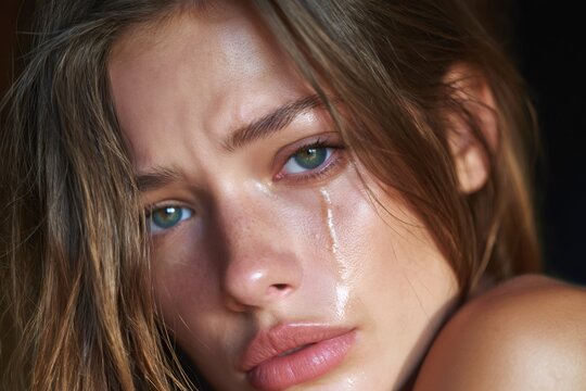 Young woman crying with tears running down face