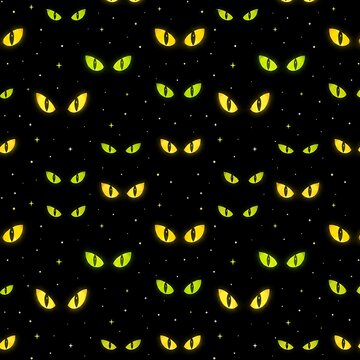 Halloween (Helloween) Pattern Seamless background with glowing yellow and green spooky monster eyes on black dark night sky stars vector design