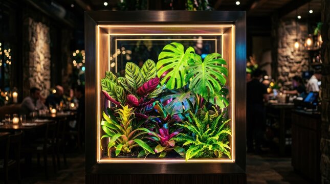 Vibrant Tropical Plant Display in Modern Illuminated Frame.