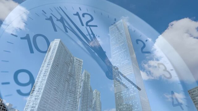 Double exposure clock face covering city with blue sky and white clouds, time lapse abstract background 4K