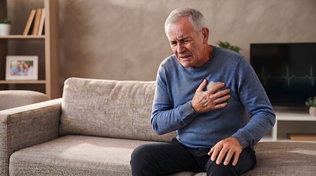 Senior man suffering from sudden heart attack at home