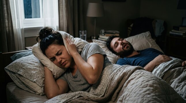 Woman covering ears in bed while man snores loudly next to her.