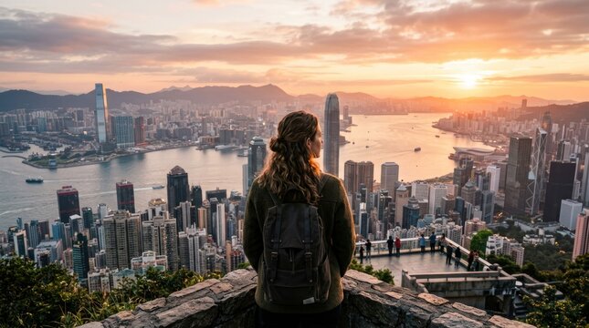Woman enjoys panoramic view of Hong Kong skyline at sunset from Victoria Peak.