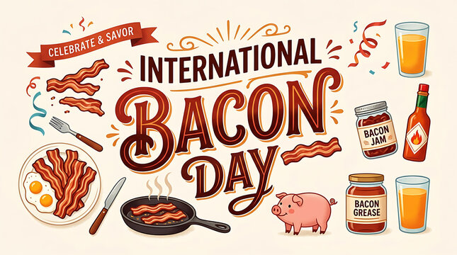 International Bacon Day celebration typography with breakfast food illustrations and icons