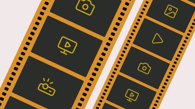 35mm film strip scrolling diagonally featuring movie icons like clapperboard and camera on white background.