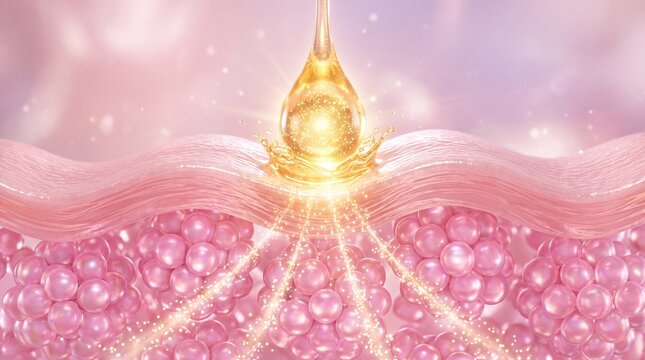 Glowing golden serum drop penetrating deep skin layer cross section for antiaging cosmetic treatment, collagen repair, hyaluronic acid nourishment, and cellular skin rejuvenation science concept