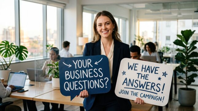 Woman holding signs asking business questions and offering answers in modern office.