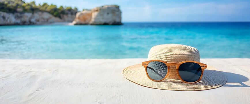 Beach scene with hat and sunglasses on white sand, turquoise water, and clear sky