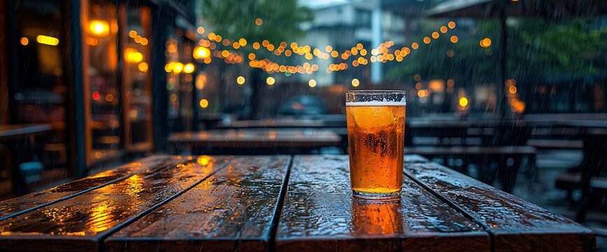 Rainy night, beer on patio, city lights
