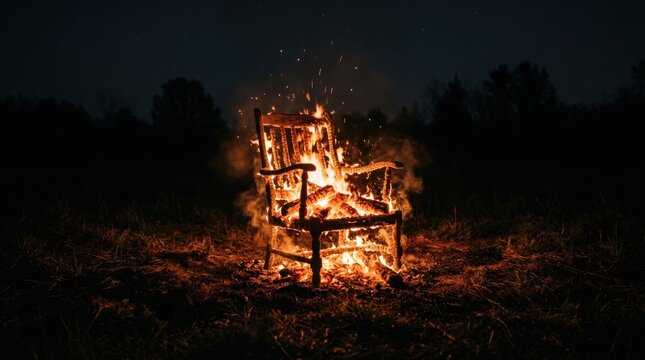 Wooden Chair Engulfed in Flames at Night Outdoors.