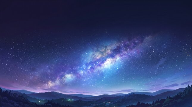 幻想的な天の川と満天の星空が広がる青と紫の夜空の背景イラスト