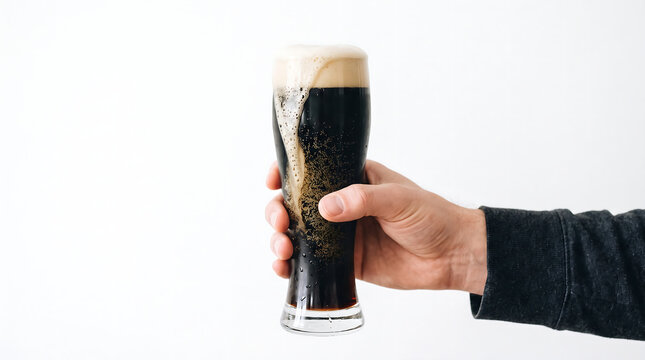 Male Hand Holding a Tall Glass of Overflowing Dark Stout Beer on White Background