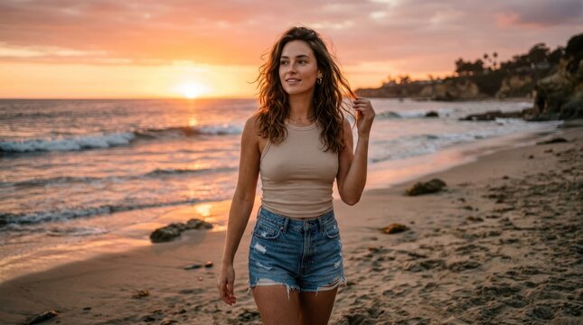 Young Woman Walking on Beach at Sunset.