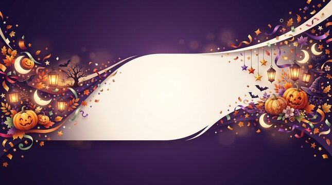 Halloween party banner background with pumpkins lanterns and copy spac