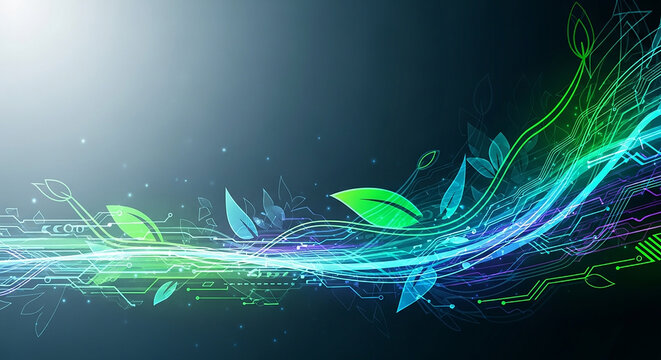 Abstract digital leaf with glowing circuit lines on dark background