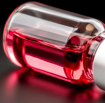 Glass vial filled with red liquid. Medical ampoule with vaccine or medication solution. Laboratory chemical analysis, healthcare research, science experiment, pharmaceutical development.