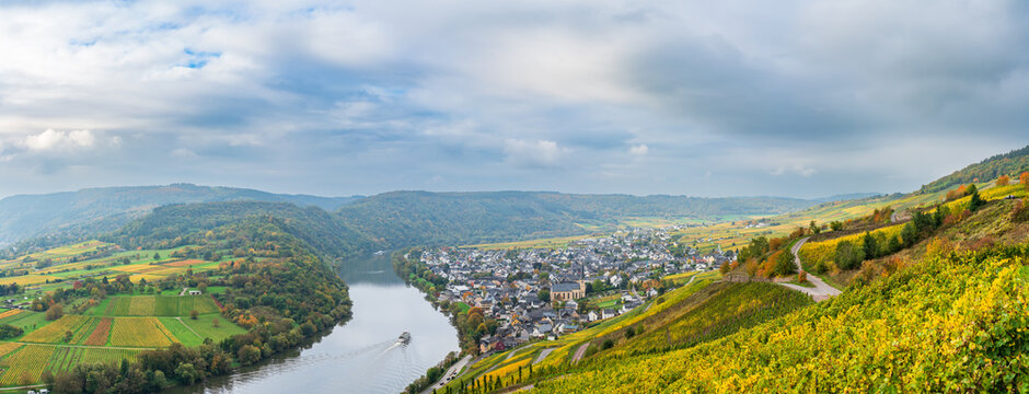 Beautiful autumn view of vineyards at the top of Krov village in Moselle river region in Germany. Europe