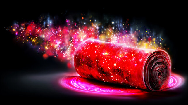 Glowing red fabric roll emitting magical stardust and light particles. Abstract mystical textile concept with bright energy sparkles. Fantasy material design and creative background.
