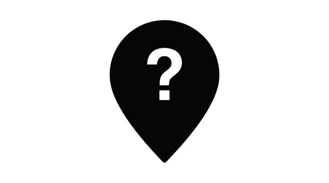 Vector illustration of map location pin icon with a question mark symbol on a transparent background